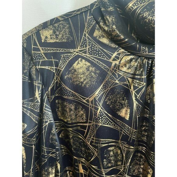 Vintage 80s Lauren Lee Liquid Metallic Leopard Black Gold Mock Neck Blouse Sz 8 - Picture 2 of 6